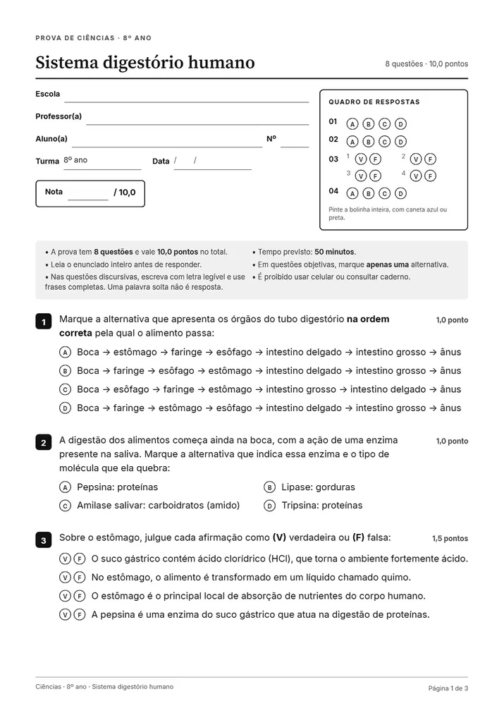 Primeira página da folha do aluno: cabeçalho com nome, turma e nota, quadro de respostas e as primeiras questões