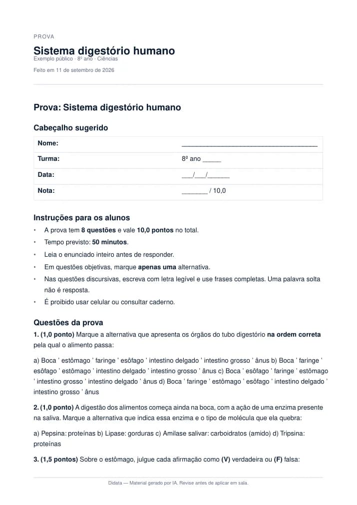 Primeira página da prova sobre sistema digestório