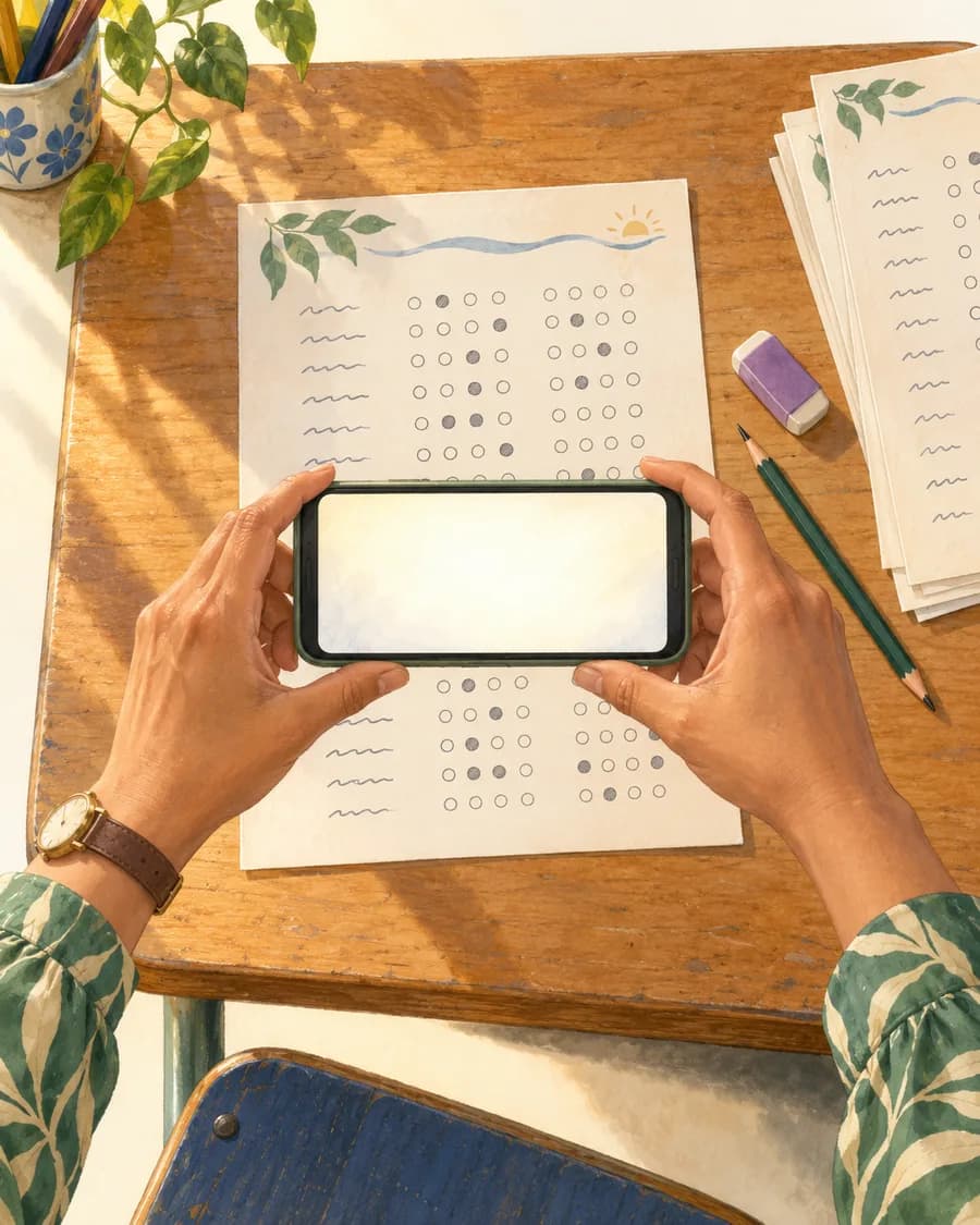 Mãos de uma professora segurando o celular sobre uma folha de prova de alternativas